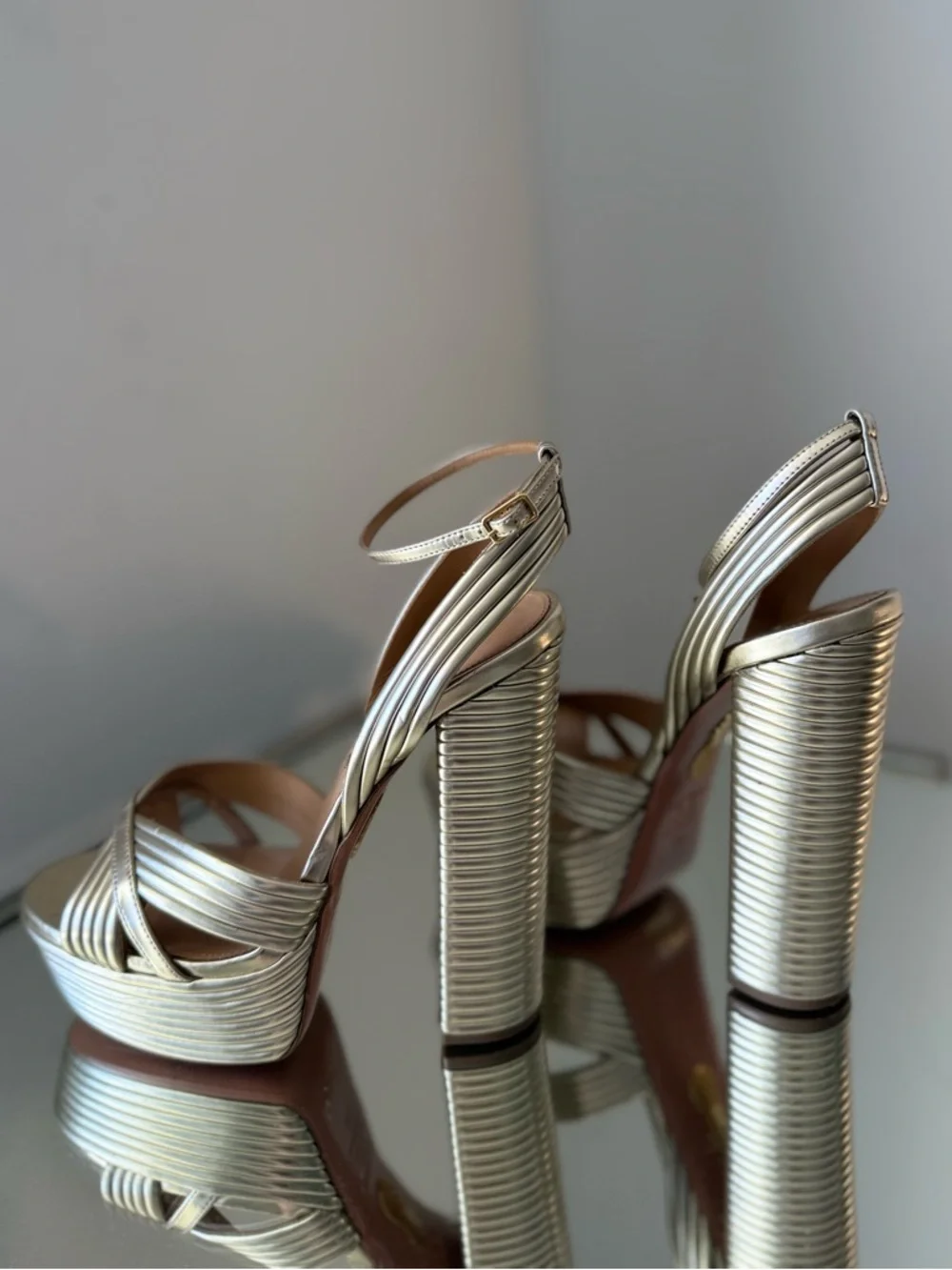 AQUAZZURA Sundance 140 metallic leather platform sandals $1,085 38.5